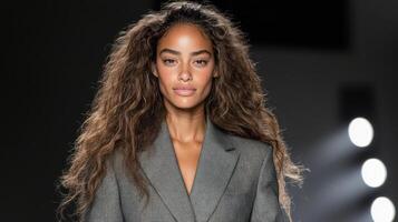 model in stylish gray blazer exudes confidence on runway photo