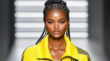 Confident model in sporty outfit with braids, showcasing vibrant style photo