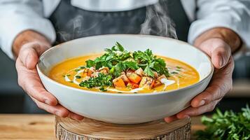 waiter serves steaming bowl of soup garnished with herbs photo