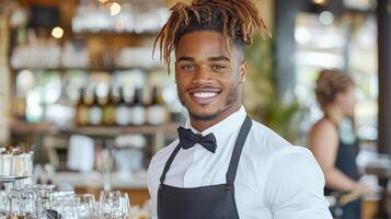 smiling waiter in restaurant, wearing bow tie and apron, engages with customers photo