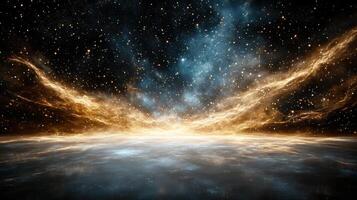 Cosmic landscape with merging abstract shapes and glowing stars, evoking wonder photo