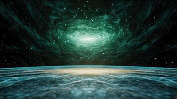 cosmic scene with swirling green shapes and stars above glowing horizon photo