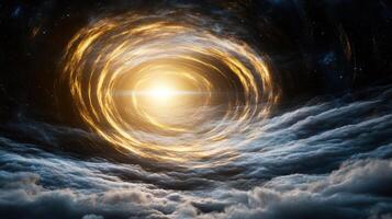cosmic swirl of golden light emerges from swirling clouds, creating mesmerizing scene photo