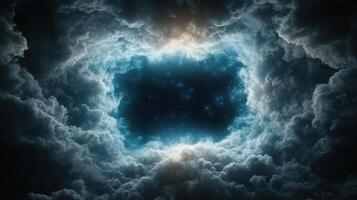 Mysterious cosmic clouds with glowing center and starry background photo