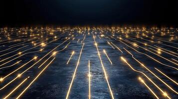 Abstract techno landscape with glowing lines and shapes creating depth photo