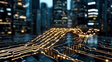 futuristic cityscape with glowing financial data visualization photo