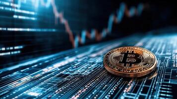 Digital currency exchange with Bitcoin on futuristic background photo