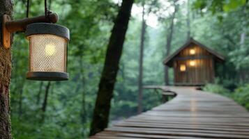 serene treehouse pathway illuminated by rustic lantern in nature photo