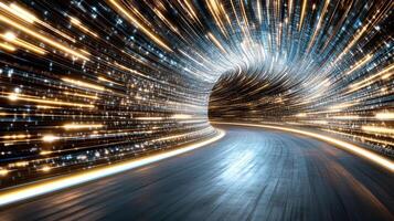 A tunnel with lights and data on the road photo