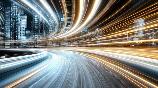 Dynamic light trails create intricate patterns in vibrant cityscape photo