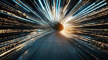 Dynamic light trails create intricate patterns in vibrant tunnel photo
