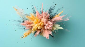 Vibrant explosion of geometric shapes in pastel colors on blue background photo