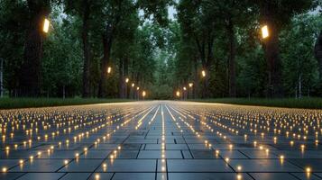 serene landscape featuring glowing pathway lined with trees and lights photo