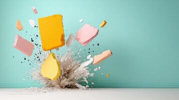 Vibrant geometric shapes exploding against turquoise background photo