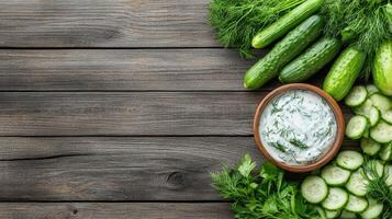 Fresh cucumber salad with yogurt and dill, surrounded by green vegetables photo