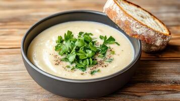 Creamy corn chowder topped with fresh herbs and served with bread photo