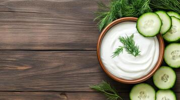 Creamy yogurt dip with fresh cucumber slices and dill on wooden table photo