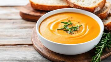 Creamy vegetable soup with herbs served alongside crusty bread slices photo