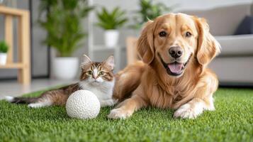 dog and cat play together on grassy field, showcasing their friendship photo