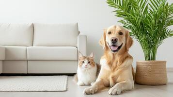 dog and cat sitting together near plant in cozy living room photo