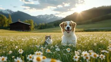 dog and cat happily playing in field of wildflowers at sunset photo