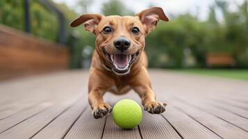 happy dog running towards green ball in sunny park setting photo