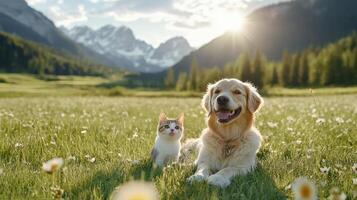 dog and cat enjoying sunny day in meadow with mountains photo