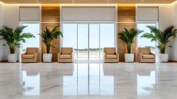 Luxurious airport terminal with marble floors and elegant seating areas photo