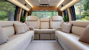 Luxurious airport shuttle bus interior with comfortable seating and elegant design photo