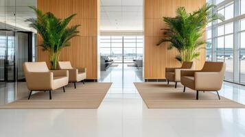 Modern airport terminal with comfortable seating and greenery for relaxation photo
