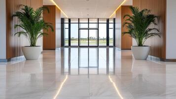 Luxurious airport terminal with marble floors and elegant palm plants photo