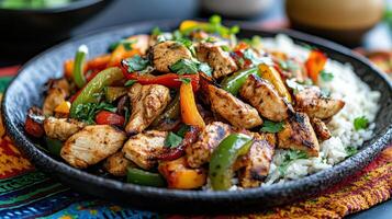 Delicious chicken fajitas with colorful peppers and onions served over rice photo