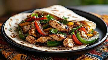 Delicious chicken fajitas with colorful peppers and onions on plate photo