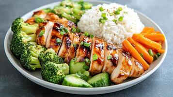 Delicious chicken teriyaki served with rice and fresh vegetables photo