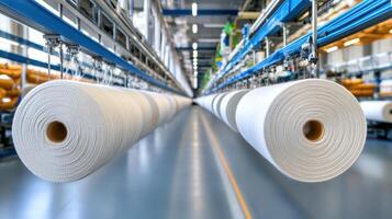 High tech textile production with white yarn spools in factory setting photo