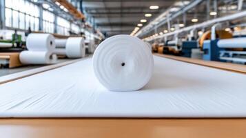 Roll of white fabric on textile production table in factory setting photo