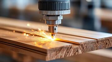 Laser cutting wood with sparks flying, showcasing advanced manufacturing techniques photo