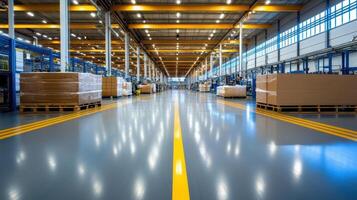 spacious automated manufacturing plant with organized pallets and bright lighting photo
