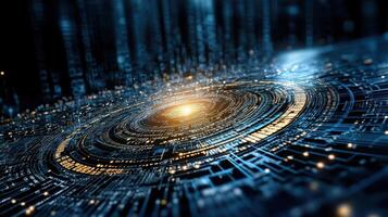 Digital technology creating vibrant, swirling galaxy of data and circuits photo