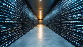 futuristic corridor with flowing data streams and illuminated walls photo
