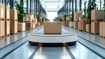 Automated conveyor belt transporting goods in warehouse setting photo