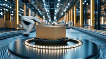 Automated guided vehicles transporting packages in modern warehouse photo