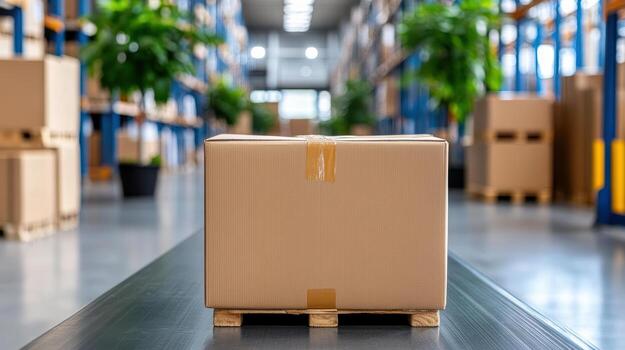cardboard box on pallet in spacious warehouse with greenery photo