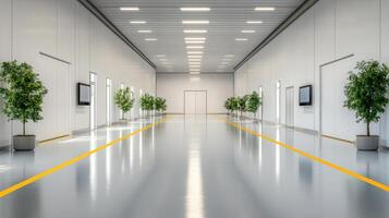 Modern industrial hallway with plants and bright lighting photo