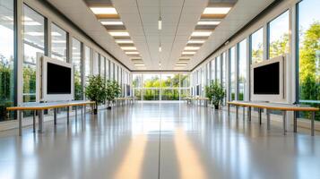 Modern office space with large windows and computer stations photo