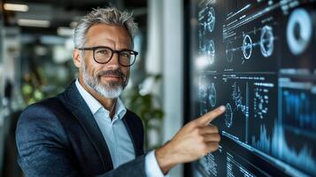 Business professional discussing AI technology with data visualization photo
