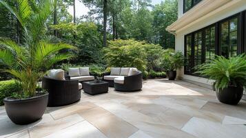 Lush patio with comfortable seating and variety of plants creating serenity photo