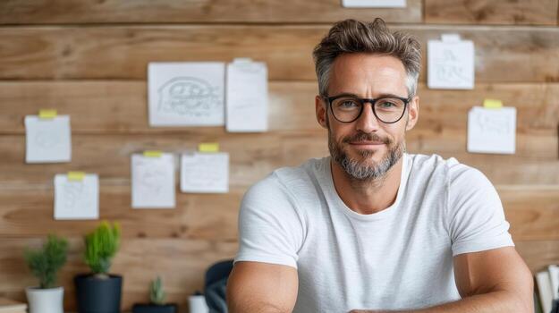 creativo hombre en estudio, lluvia de ideas ideas con bocetos en pared foto