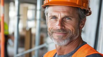 Experienced construction worker smiling at site, wearing hard hat and safety vest photo