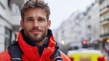 confident man in red firefighter uniform smiles in urban setting photo